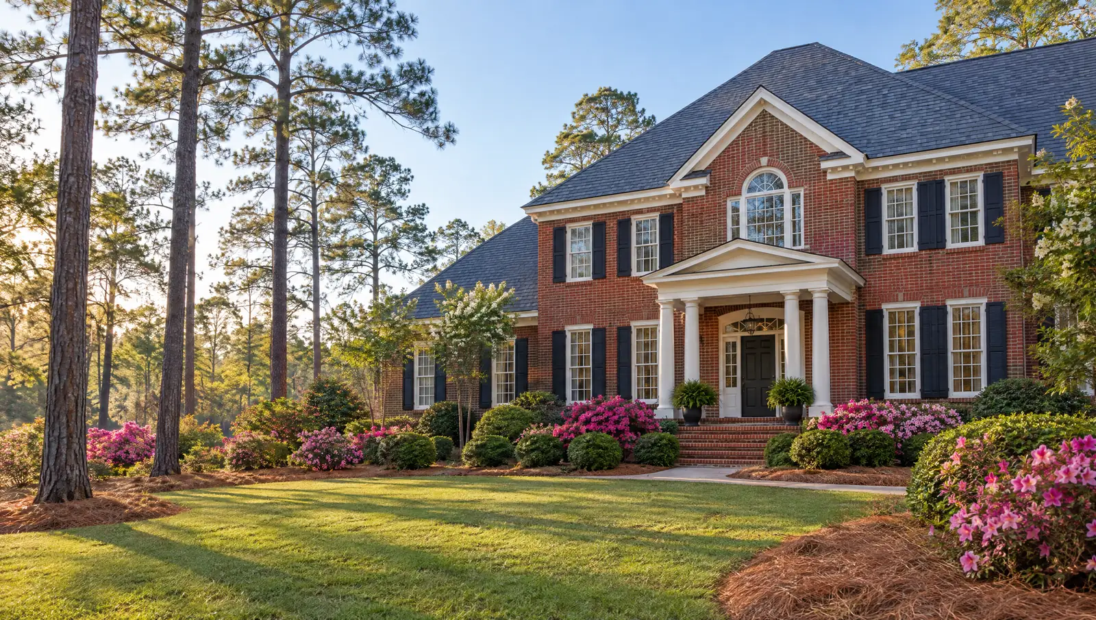 Georgia brick home with tall pines behind it and a new shingle roof