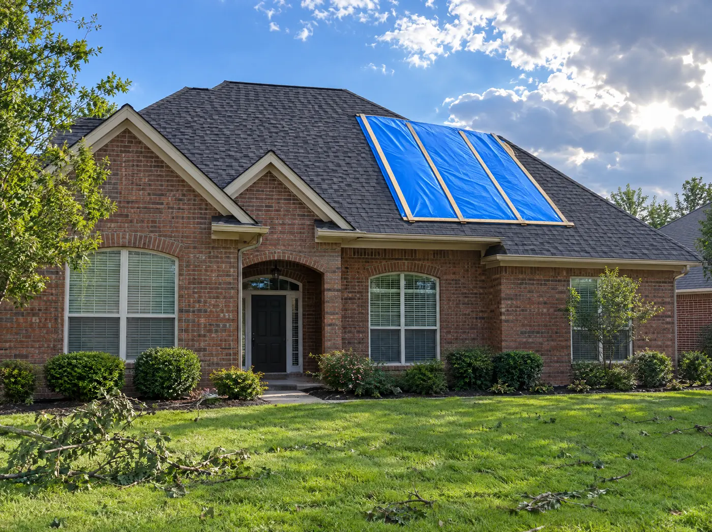 Blue tarp covering storm damage on the roof of a house