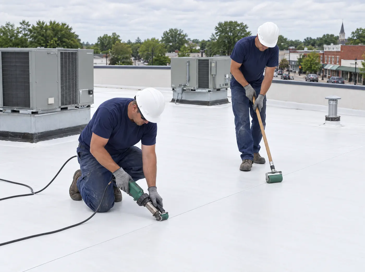 Two roofers welding a seam on a white TPO commercial roof