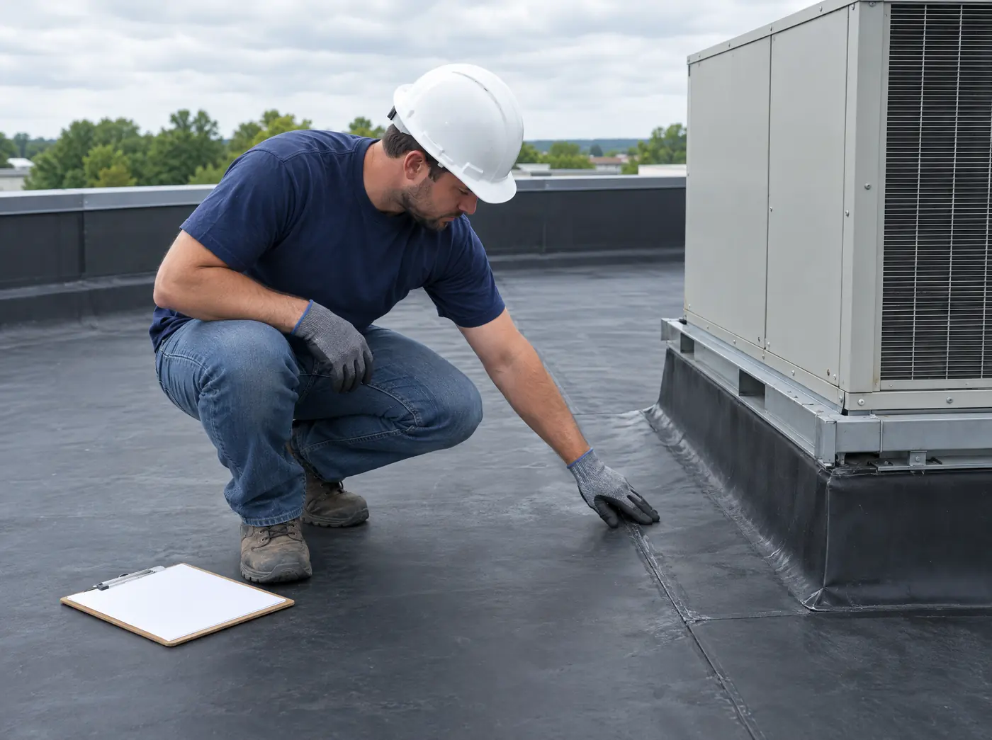 Worker inspecting a seam on a black EPDM rubber roof near rooftop units