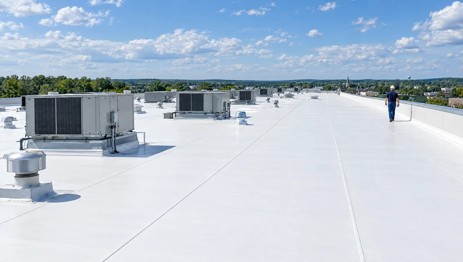 Wide view of a large flat white membrane roof on a commercial building