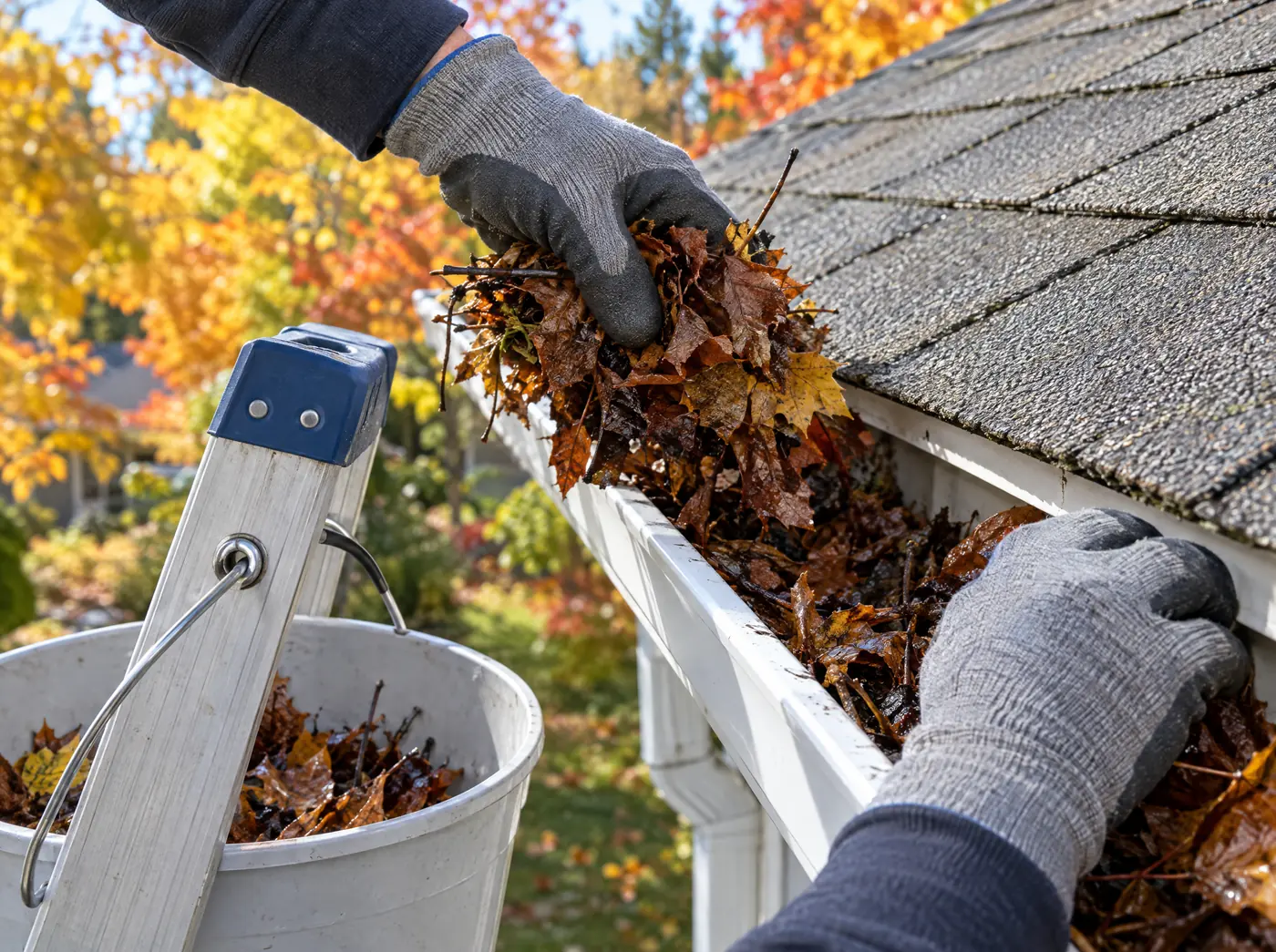 Gloved hands clearing wet leaves out of a house gutter