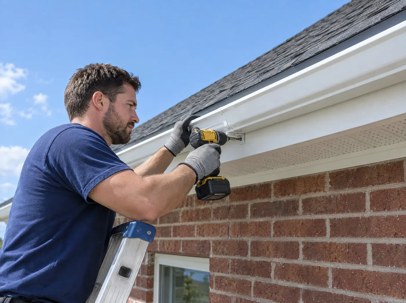 Installer fastening a new white gutter under a shingle roof edge