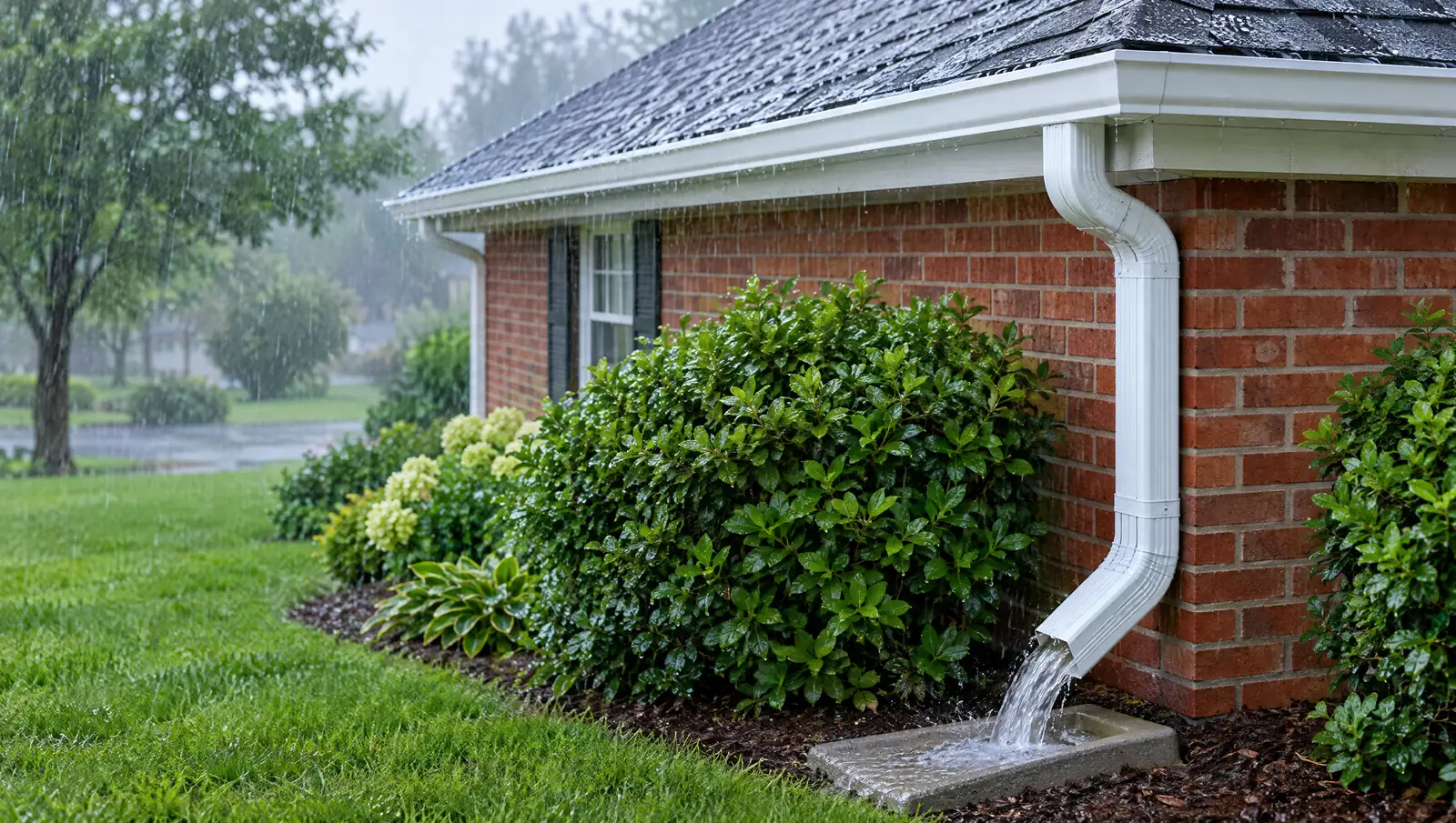 New white gutters and a downspout on a brick home in rain
