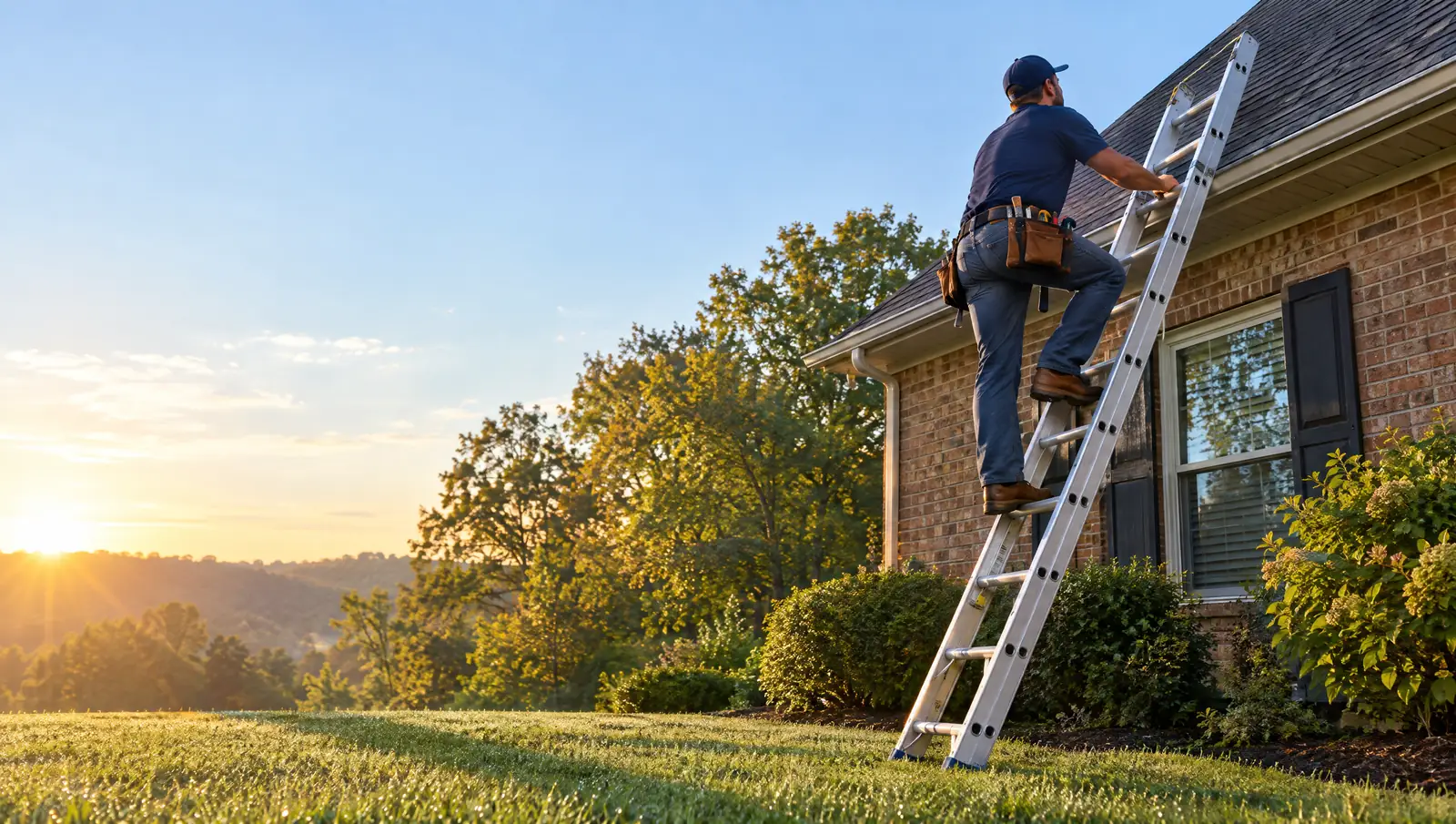 Roofer climbing a ladder onto a shingle roof in early morning light