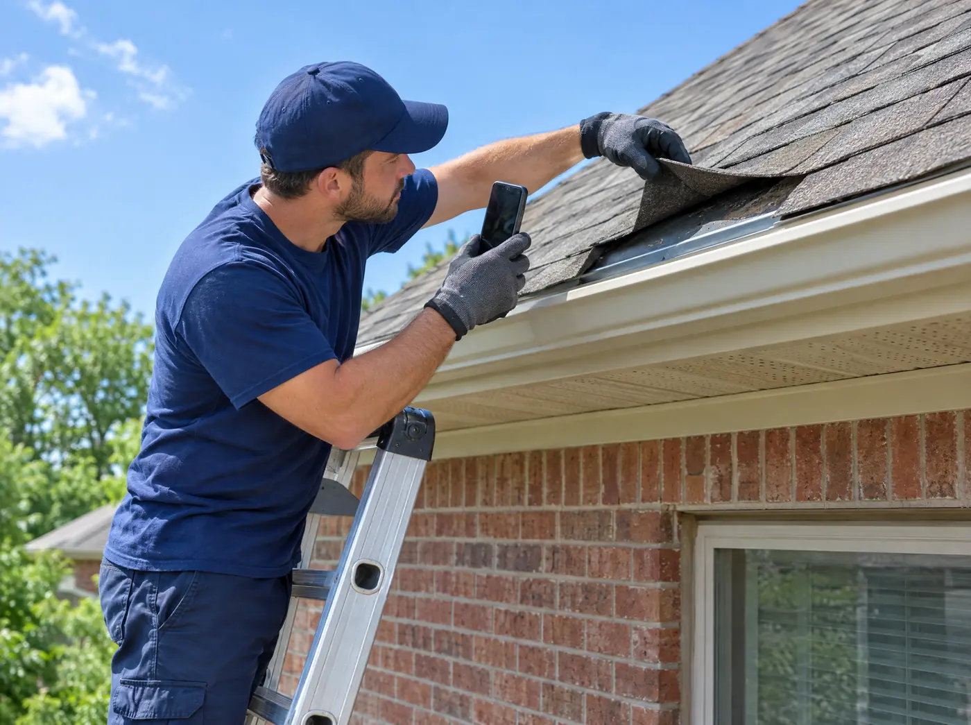 Roofer on a ladder at the eave of a home inspecting the roof edge