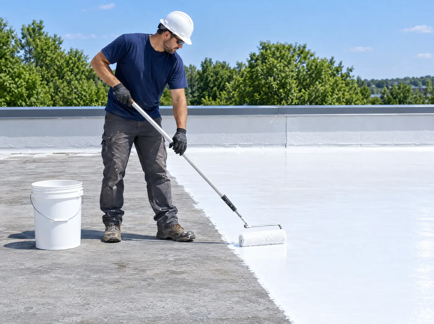 Roofer rolling reflective coating onto a low-slope commercial roof
