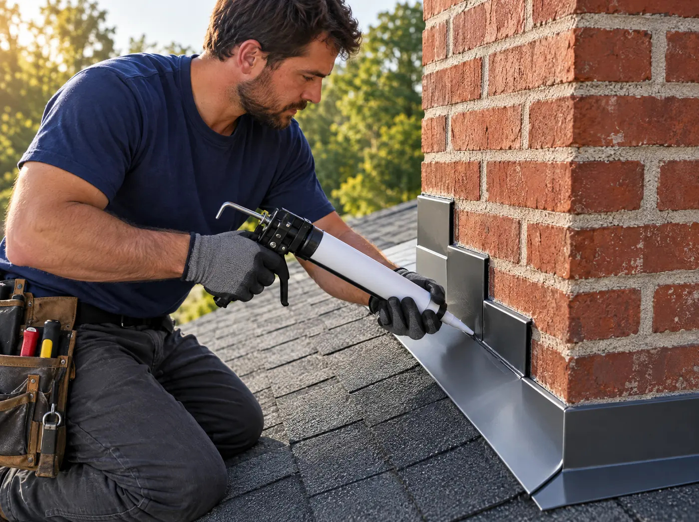 Roofer sealing the flashing around a brick chimney on a home roof