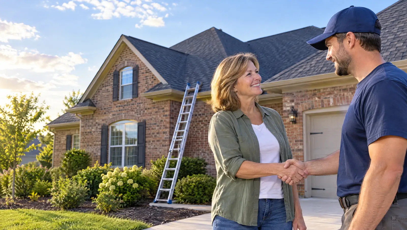 Roofer shaking hands with a homeowner in the driveway of a home
