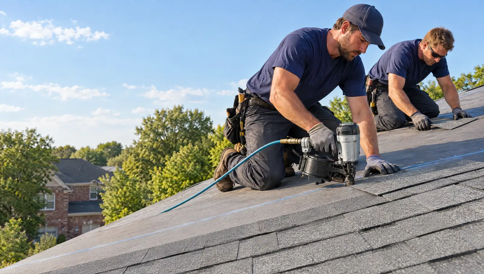 Two roofers nailing architectural shingles onto the roof of a home