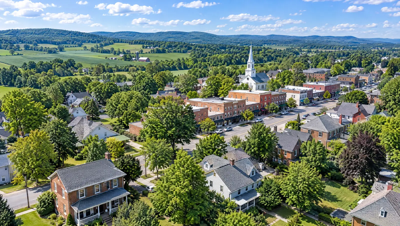 Aerial view of a small town neighborhood and its rooftops in daylight