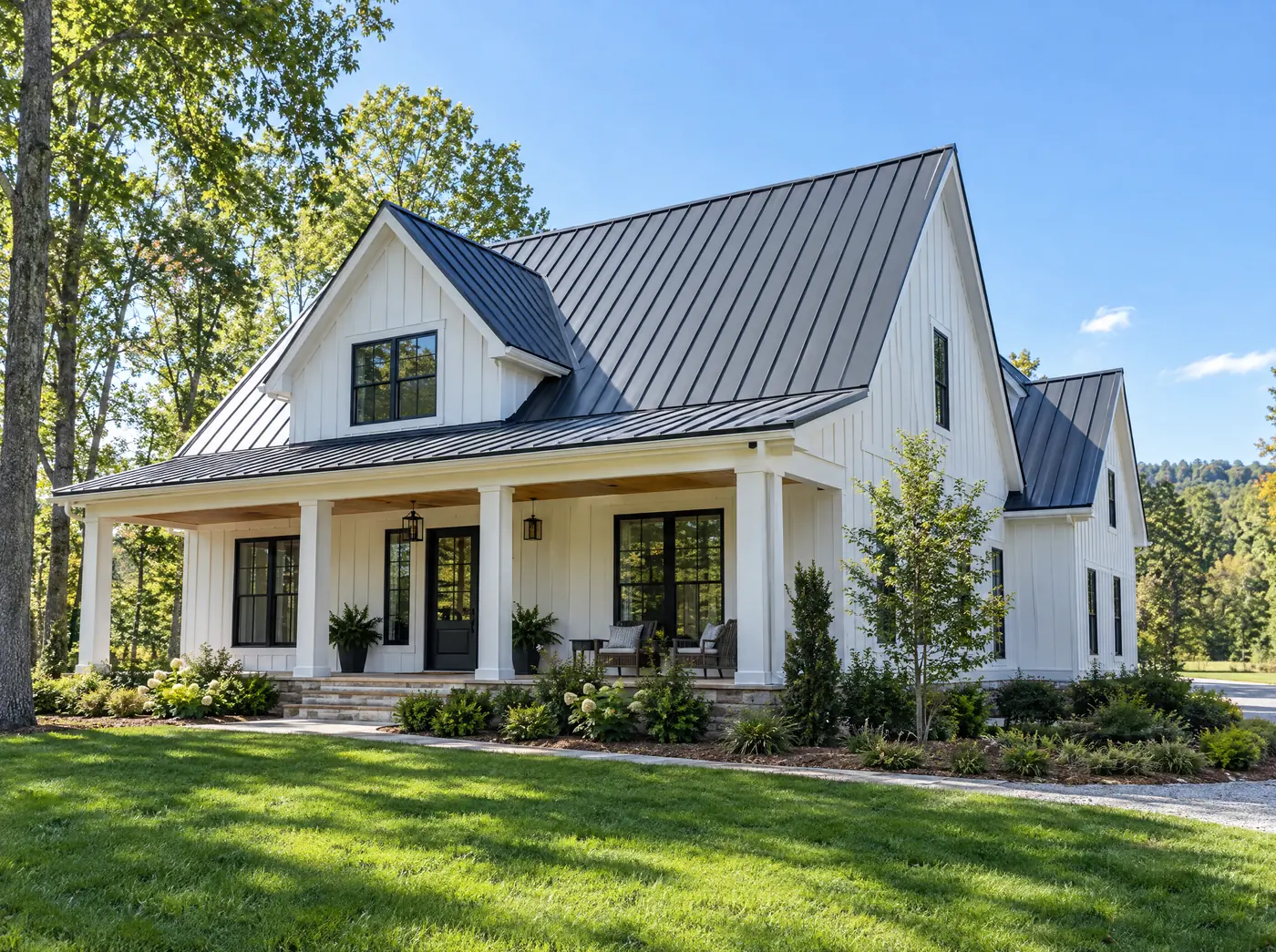 New standing seam metal roof on a farmhouse style home