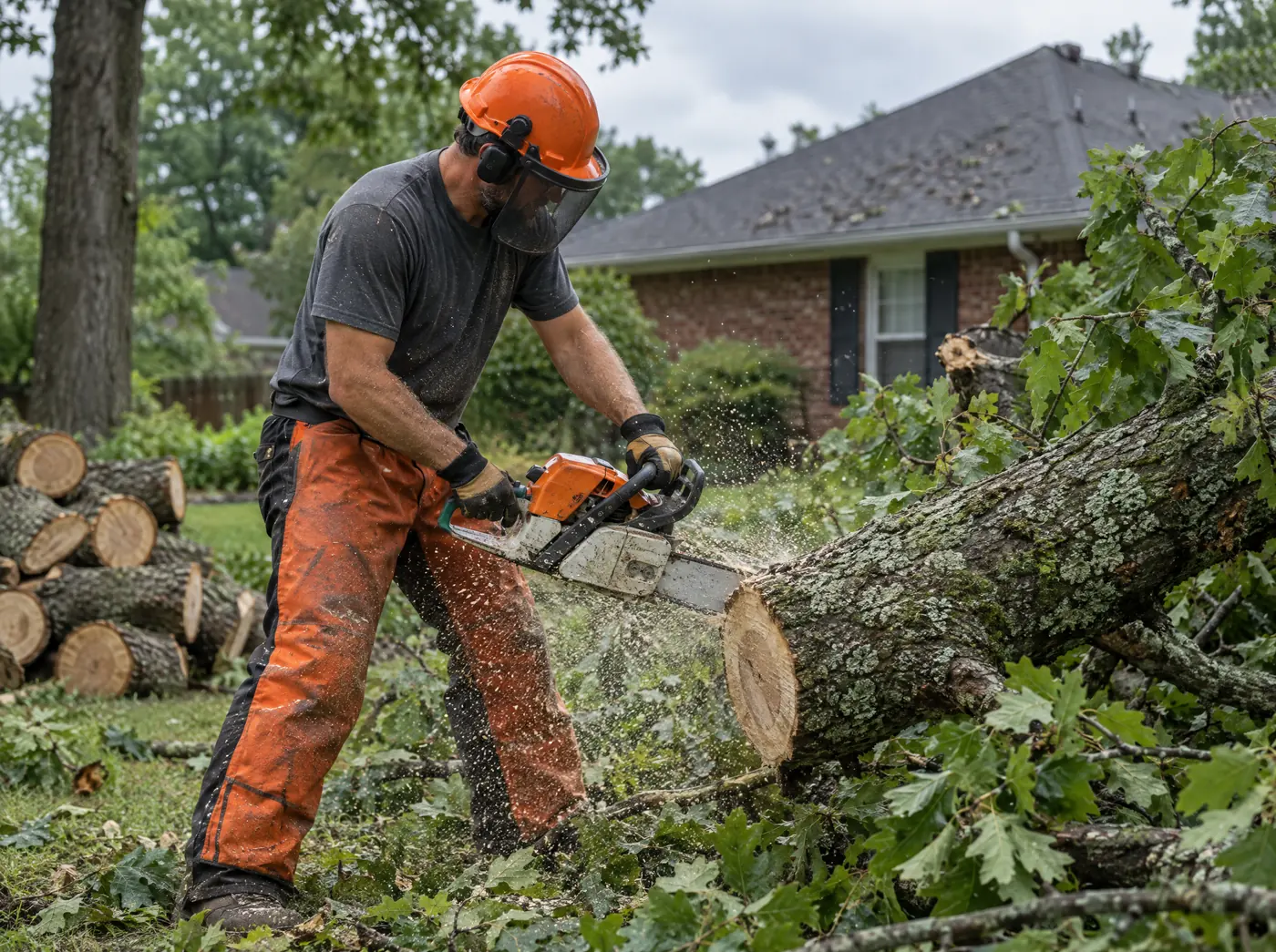 Worker cutting a storm-fallen oak limb with a chainsaw beside a brick home