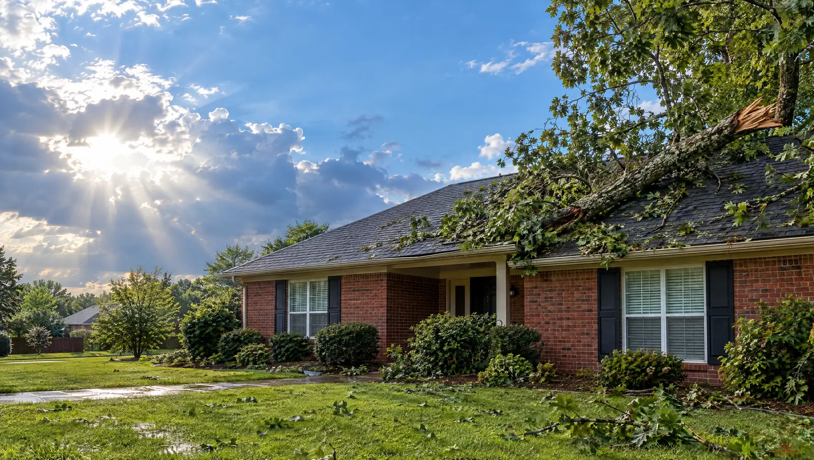 Large oak limb resting on the roof of a house after a storm