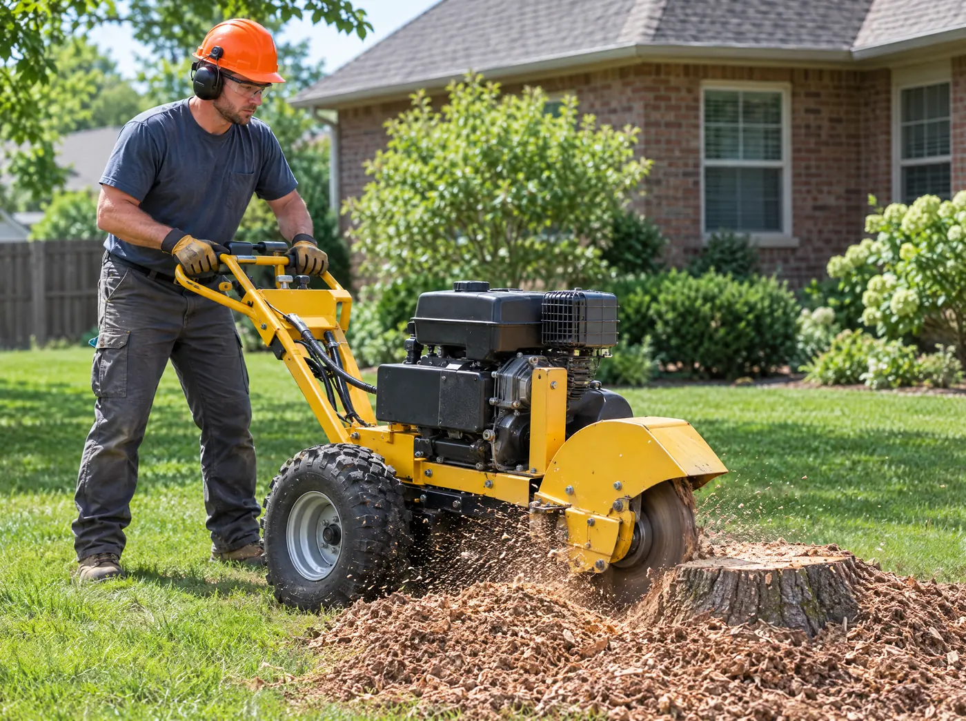 Stump grinder chewing through a tree stump in a grassy yard