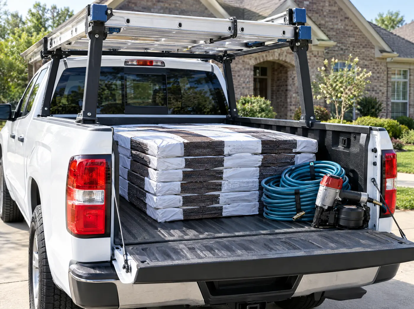 Work truck bed loaded with ladders and bundles of shingles in a driveway